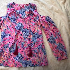 Lilly Pulitzer silk, open shoulder blouse.